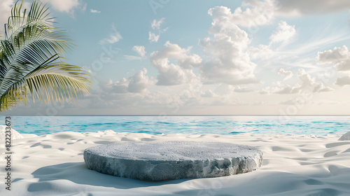 Tranquil white sand beach with clear turquoise waters under a blue sky with fluffy clouds