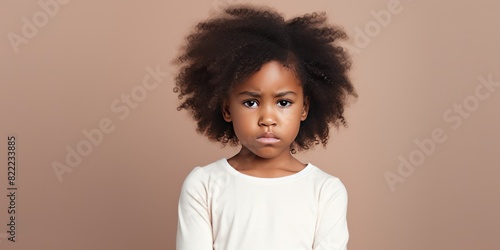 Ivory background sad black American African child Portrait of young beautiful kid Isolated Background racism skin color depression anxiety fear burn out 