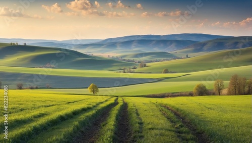 This image shows a field of purple flowers with a path running through the middle. In the background is a hill covered in yellow flowers.  