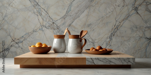 View of a stylish kitchen with a marble table background, dishes and a board