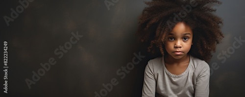 Ivory background sad black American African child Portrait of young beautiful kid Isolated Background racism skin color depression anxiety fear burn out 