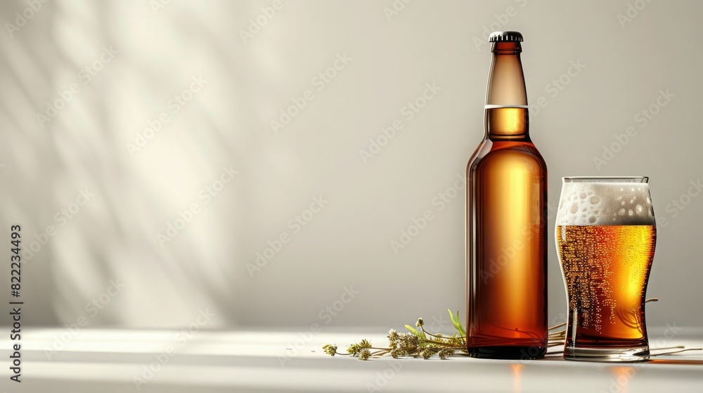 Beer bottle and glass with hops on white wooden table. Beer bottle and glass with hops on white wooden table.