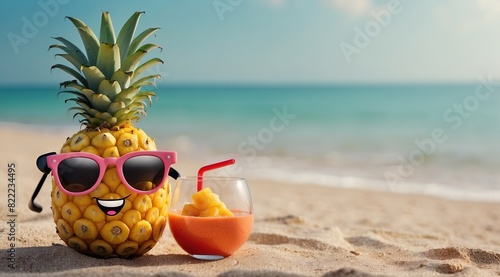 A cheerful Funny pineapple fruit character with large yellow sunglasses