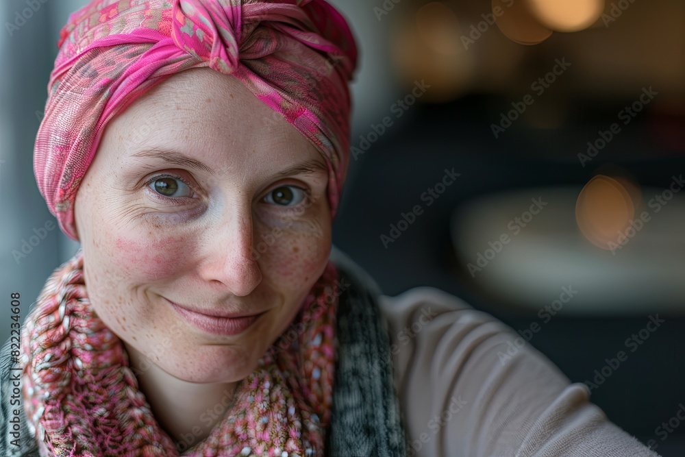 Portrait of a smiling woman battling cancer, looking into the camera with hope. Portrait of a smiling woman battling cancer, looking into the camera with hope.