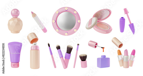 3d Makeup Cosmetic Product Concept Cartoon Design Style. Vector illustration of Face Powder, Lipstick, Brush and Mist Spray Bottle