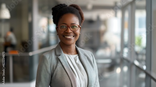 Professional African Woman Smiling in Office Environment, Business Attire, Diversity and Inclusion Concept