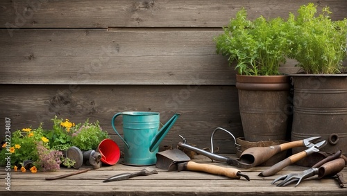 The image shows a wooden table with gardening tools and plants on it.

 photo