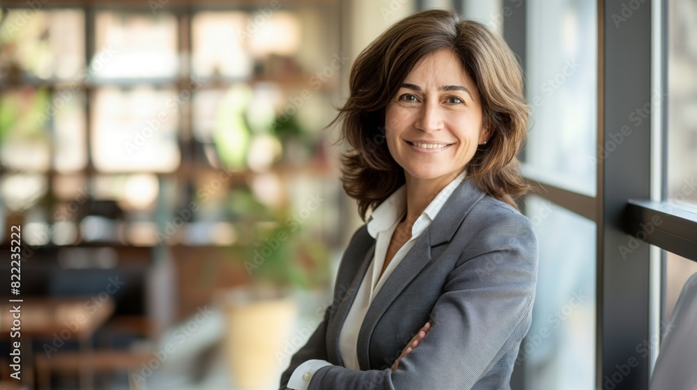 Confident Professional Woman in Business Attire Standing by Office Window, Corporate Environment