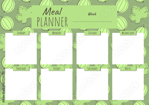 Weekly meal planner template with a pattern of berries and gooseberry leaves for A4 sheet format