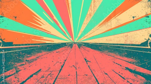 A retro illustration of a road or path with a bright striped background in the colors orange, green, and blue. photo