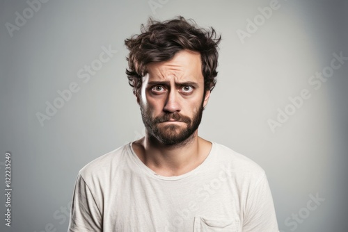 Ivory background sad european white man realistic person portrait of young beautiful bad mood expression man Isolated on Background depression anxiety fear burn out health issue problem mental 