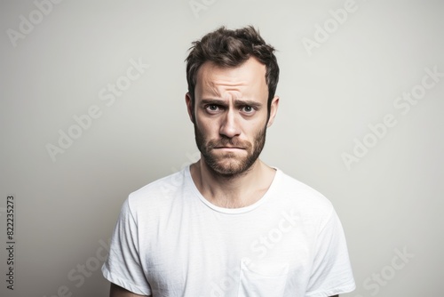 Ivory background sad european white man realistic person portrait of young beautiful bad mood expression man Isolated on Background depression anxiety fear burn out health issue problem mental 