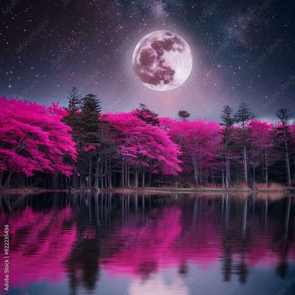 night landscape with moon.An otherworldly forest scene with pink trees illuminated by a full moon, a black and purple star-filled sky, and a serene lake reflecting the mystical landscape, perfect for night landscape with moon.An otherworldly forest scene with pink trees illuminated by a full moon, a black and purple star-filled sky, and a serene lake reflecting the mystical landscape, perfect for