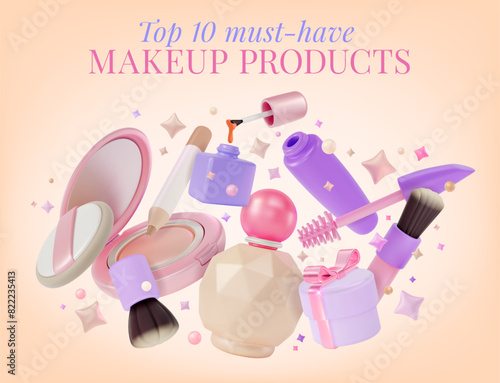 3d Top Must Have Makeup Products Concept Ads Banner Poster Card. Vector illustration of Floating Objects