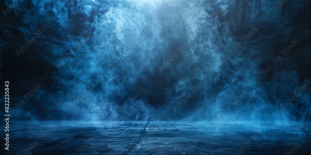 empty room with Dark blue background with smoke, empty stage for product presentation. Background of the floor studio room. empty dark stage dark blue abstract cement wall studio room with fog, empty room with Dark blue background with smoke, empty stage for product presentation. Background of the floor studio room. empty dark stage dark blue abstract cement wall studio room with fog,