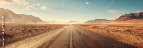 A long straight road stretches through a barren desert landscape under a sunset sky.