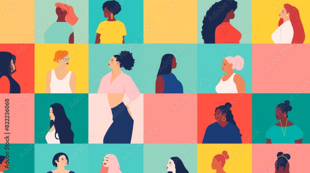 Vibrant art of diverse women with a focus on unique facial features and hairstyles, set against a multicolored backdrop. Vibrant art of diverse women with a focus on unique facial features and hairstyles, set against a multicolored backdrop.