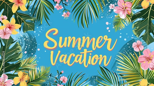 Summer vacation. Trendy Summer design with typography. Background in painting style with hand drawn strokes and dots, summer flowers in pastel colors design for banner