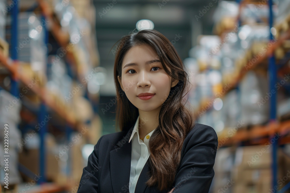 Close-up of young Asian businesswoman in corporate attire coordinating warehouse operations, demonstrating expertise in logistics management and inventory control.