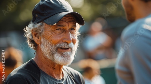 tennis coaching, an experienced senior tennis player teaches beginners on a synthetic grass court, sharing stories and wisdom while demonstrating proper technique in between volleys