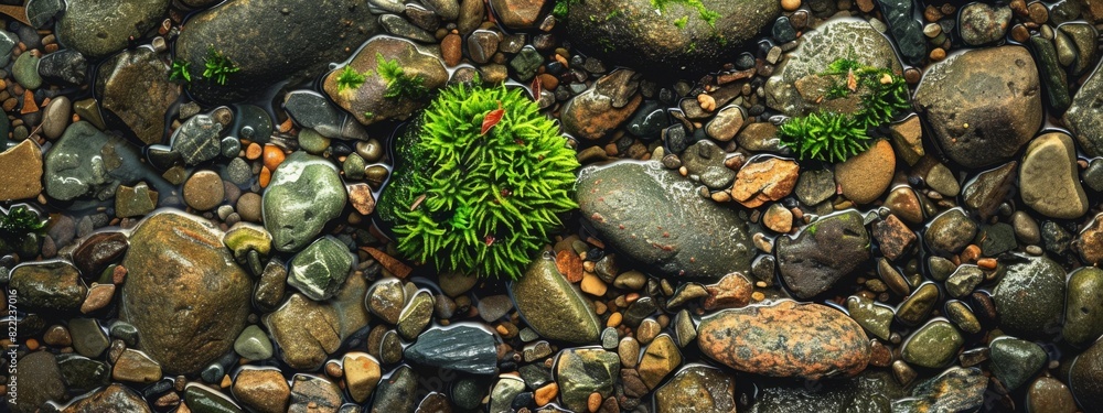 An earthy, natural background with pebble and moss textures. An earthy, natural background with pebble and moss textures.