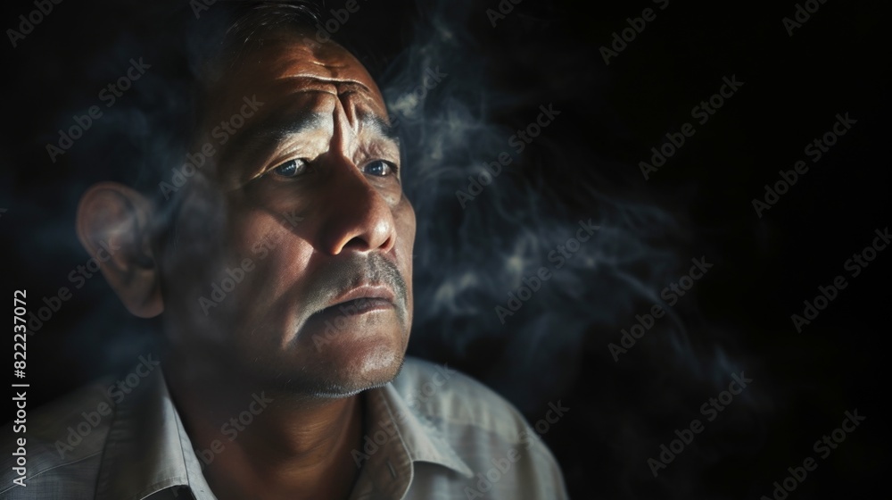 A deeply contemplative elderly man with a pensive gaze, enveloped in a thick cloud of smoke, lit by dim lighting. A deeply contemplative elderly man with a pensive gaze, enveloped in a thick cloud of smoke, lit by dim lighting.