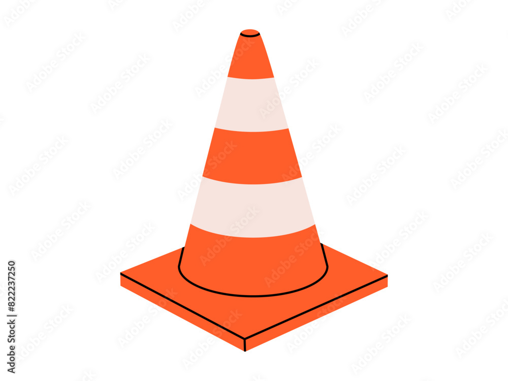 Hand drawn cute cartoon illustration of traffic cone. Flat vector road warning or caution sign in colored doodle style. Attention striped barrier icon. Stop signal. Settings or fix problem. Isolated.