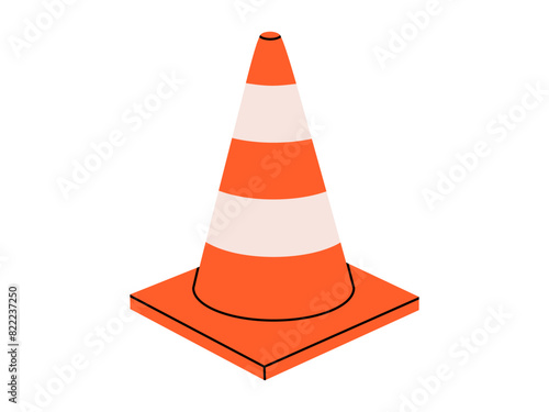 Hand drawn cute cartoon illustration of traffic cone. Flat vector road warning or caution sign in colored doodle style. Attention striped barrier icon. Stop signal. Settings or fix problem. Isolated.