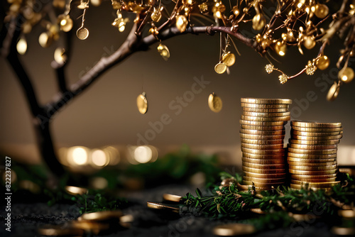 The tree bears fruit  gold coins. photo