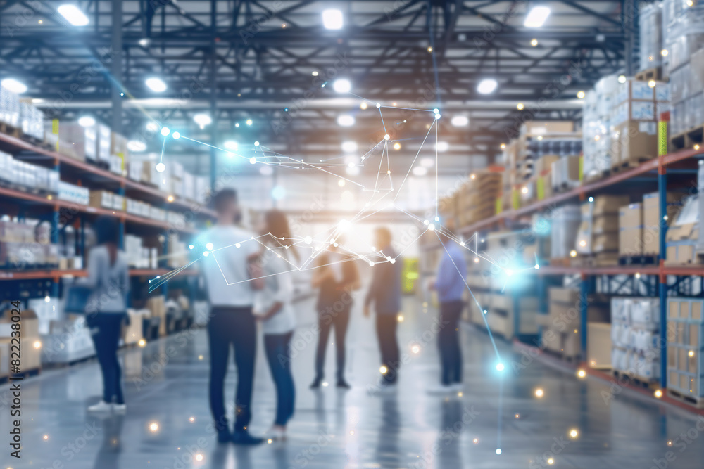 Workers standing together in an industrial warehouse setting Workers standing together in an industrial warehouse setting