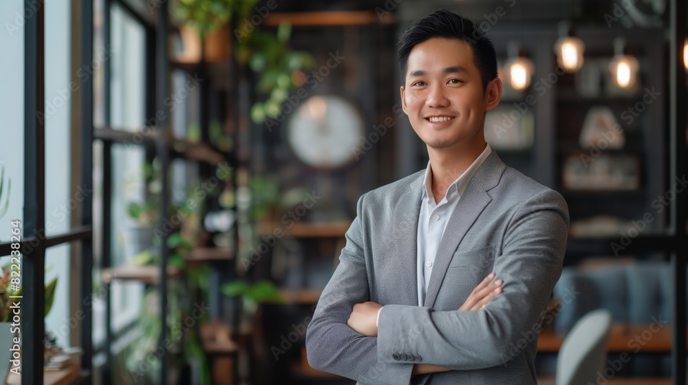 Fototapeta premium Confident Asian Businessman in a Modern Office Environment, Representing Professional Leadership and Entrepreneurial Success