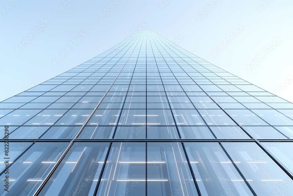A low-angle view of a modern glass skyscraper reaching towards a clear blue sky. A low-angle view of a modern glass skyscraper reaching towards a clear blue sky.