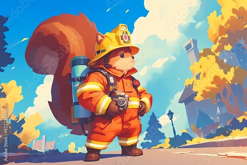 cartoon illustration, a firefighter squirrel © Yoshimura