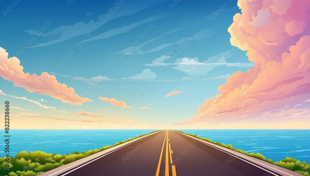 A long, straight road stretches into the distance, with a bright sunset in the background.

