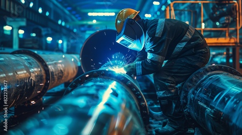 welder in protective clothing and mask welds a metal pipeline in factory photo