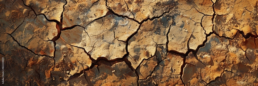 Detailed view of cracked earth illuminated by golden sunlight highlighting textures. Detailed view of cracked earth illuminated by golden sunlight highlighting textures.