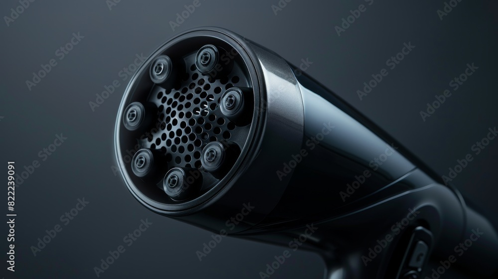 Advertising image of hair dryer with various attachments, isolated background, studio lighting showcasing concentrator nozzles, diffusers, and styling brushes Advertising image of hair dryer with various attachments, isolated background, studio lighting showcasing concentrator nozzles, diffusers, and styling brushes