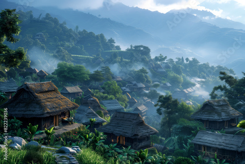 A traditional village with thatched-roof huts against a backdrop of mountains