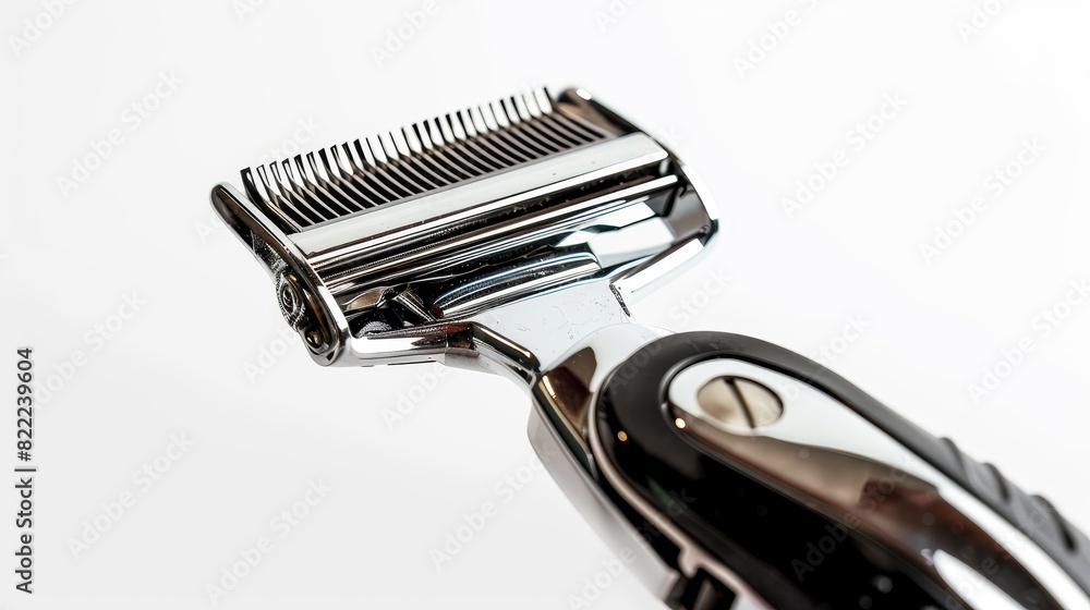 Clippers cutting hair close to the scalp from above, isolated on a white background, studio lighting highlighting adjustable blade guards for advertising Clippers cutting hair close to the scalp from above, isolated on a white background, studio lighting highlighting adjustable blade guards for advertising