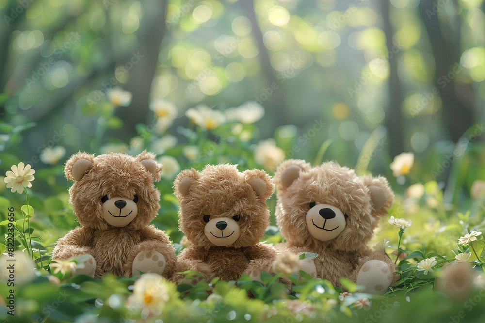 Two teddy bears sitting next to each other in the grass Two teddy bears sitting next to each other in the grass