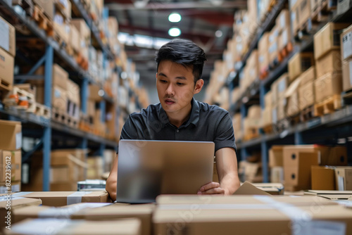 High-angle shot of determined young Asian entrepreneur reviewing inventory records on laptop, showcasing professionalism and attention to detail in logistics management.