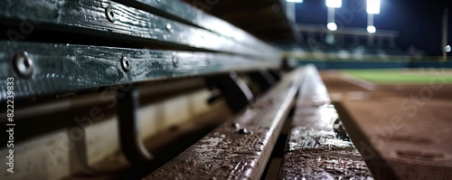 A close-up of the baseball dugout at night, empty and silent, showing detailed textures of the bench and equipment under ambient stadium lights, with copy space in the shadowed background.
