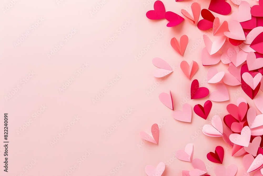 Valentine's Day Background with Pink Paper Hearts on Pastel Background