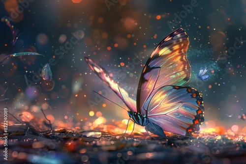A vibrant, iridescent butterfly with glowing wings rests on a bed of sparkling dust. The background is filled with a magical, warm glow.