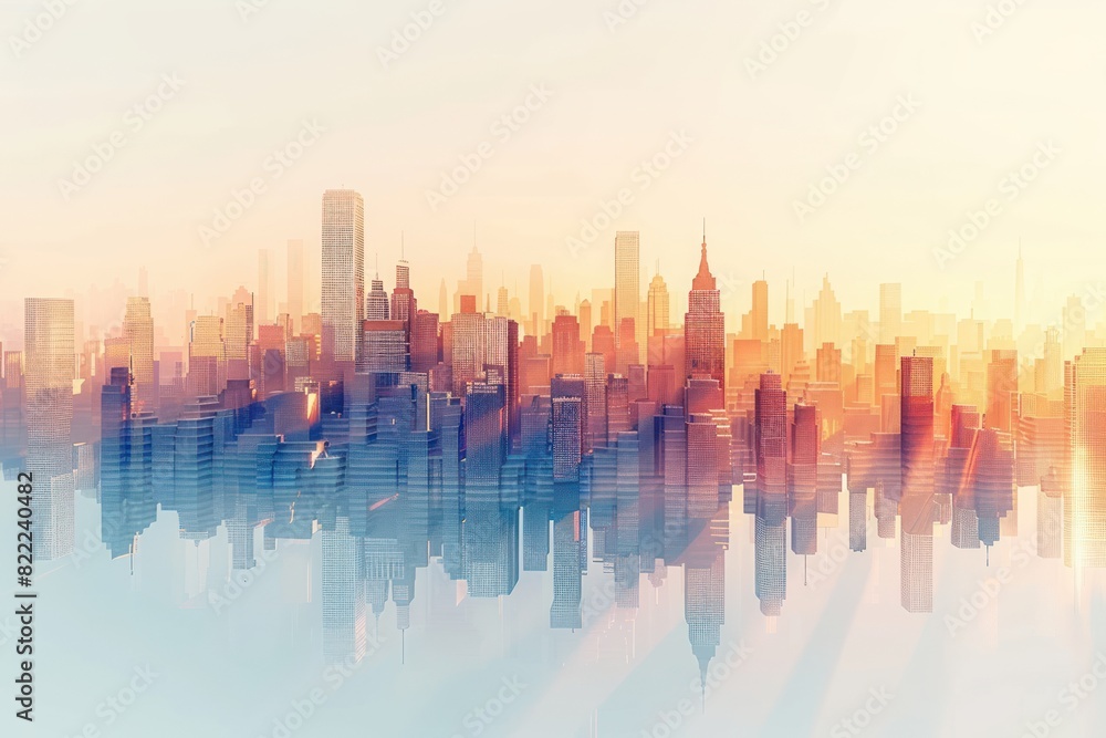 A vibrant cityscape reflected in a hazy, colorful sky at sunrise.