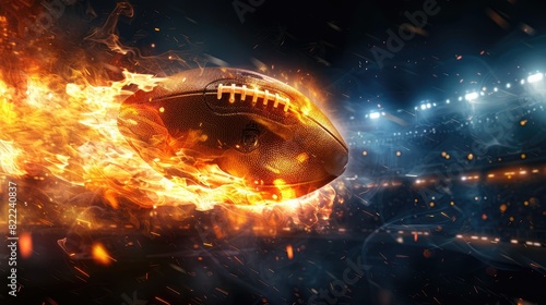An action shot of a flaming American football ball in mid-flight against a dark backdrop, with bright stadium lights highlighting the intense energy and motion