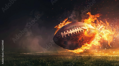 A photorealistic American football ball engulfed in flames soaring through the air on a pitch illuminated by floodlights, with a black background emphasizing its dynamic movement