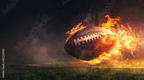 A photorealistic American football ball engulfed in flames soaring through the air on a pitch illuminated by floodlights, with a black background emphasizing its dynamic movement
