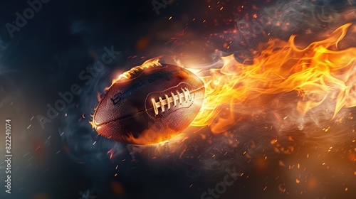 An action shot of a flaming American football ball in mid-flight against a dark backdrop, with bright stadium lights highlighting the intense energy and motion