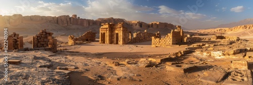 The warm sunset light bathes ancient stone ruins in the desert emphasizing their historical grandeur photo